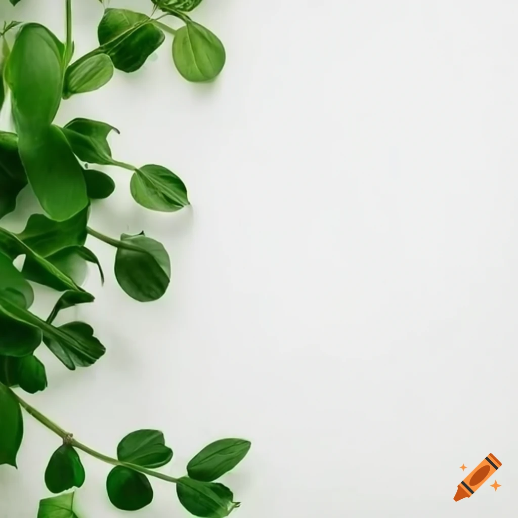 White table with green plants in flat lay style