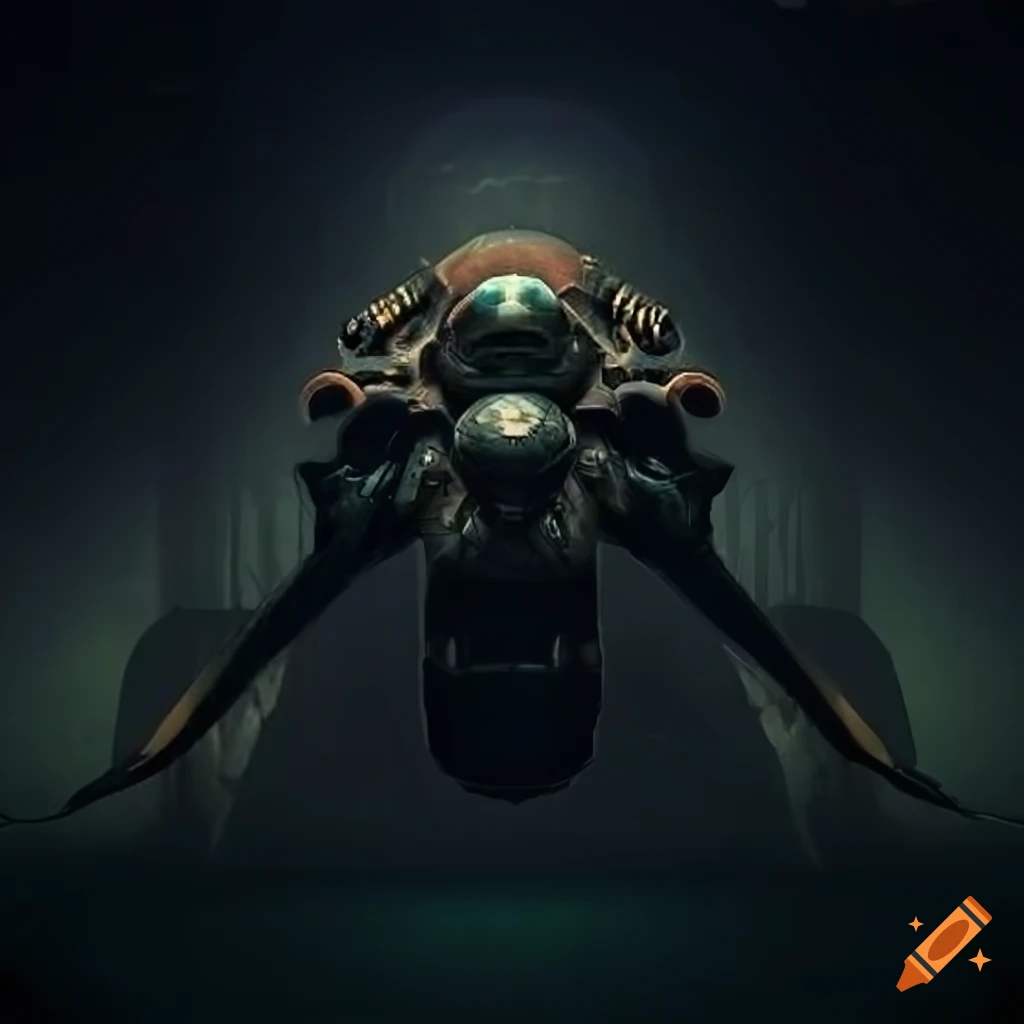 Surrealist image of aliens inside an asymmetrical organic spaceship