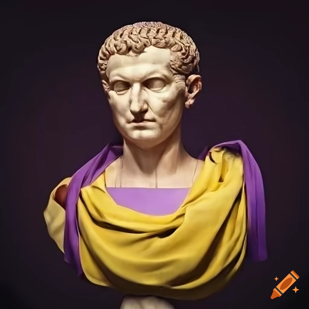 Gaius Julius Caesar in yellow robe and purple toga with Roman senate in background