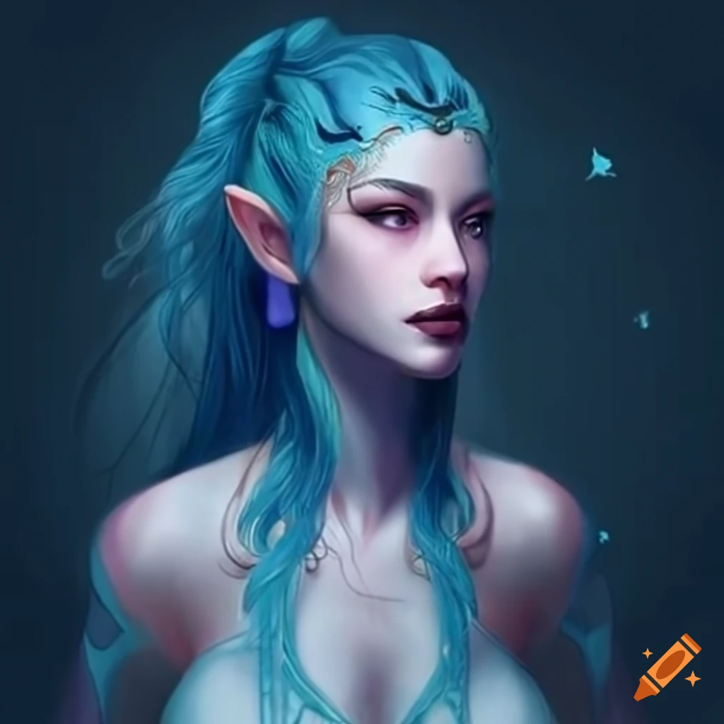 Selene, mystical being with ocean blue hair and cyan eyes