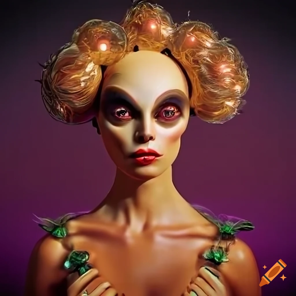 Surrealist aliens inside an organic spaceship with vintage 1960s Christmas show vibes