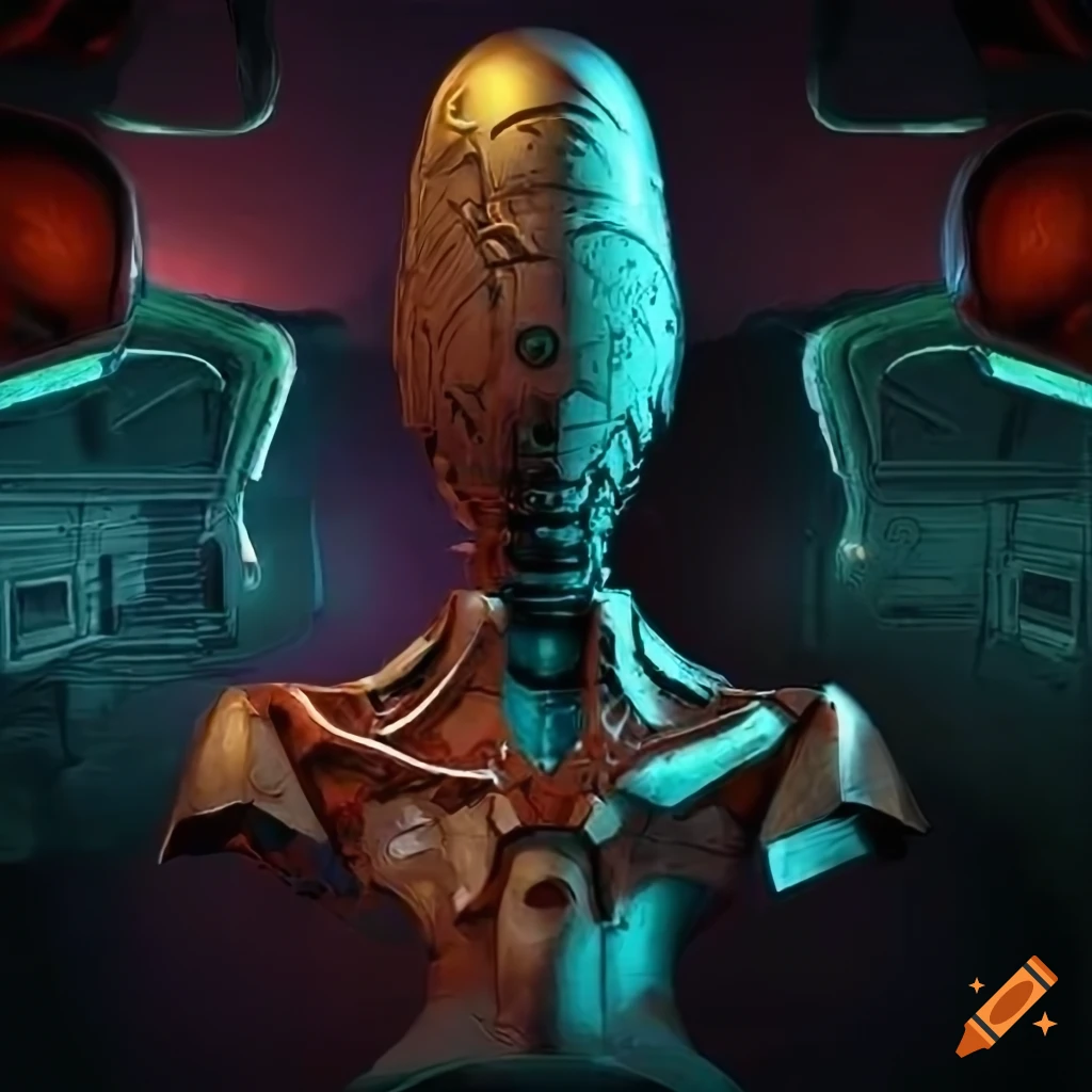 Surrealist aliens inside an organic spaceship with strange machines and lights