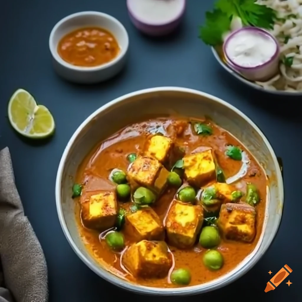 Indian style bowl of matar paneer masala curry with green coriander topping