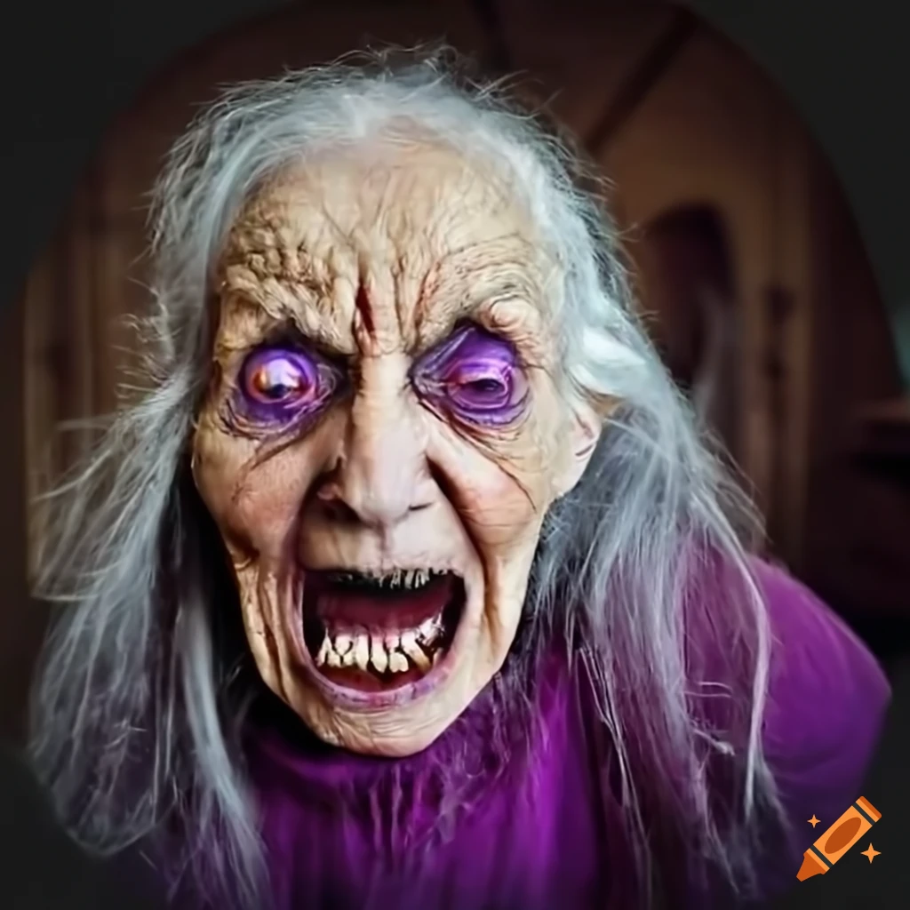 Scary and angry old witch with shining violet eyes and flying gray hair