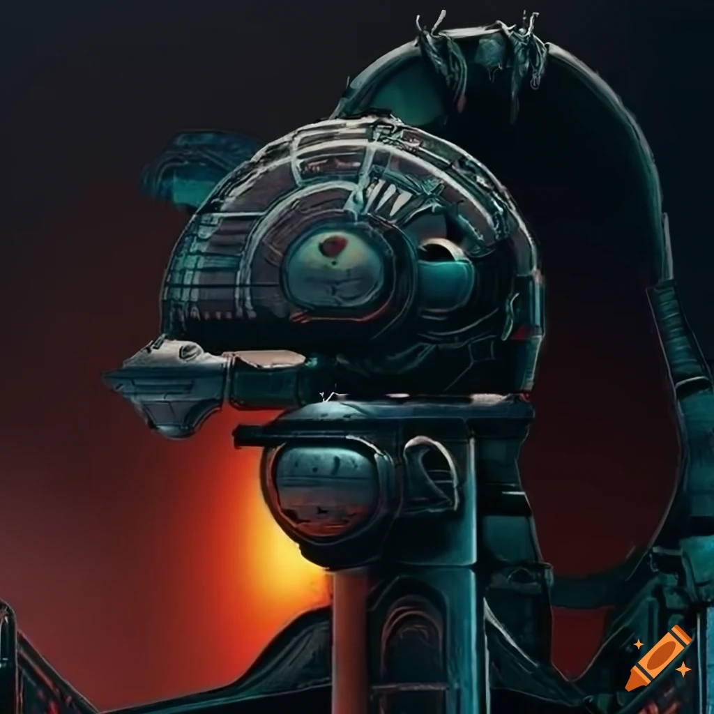 Surrealist alien visit inside organic spaceship with strange machines and light boards