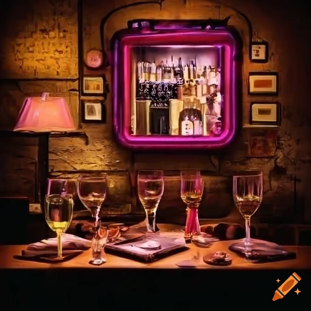 Intimate bar scene with 'Iris Bar' neon sign and wine glasses