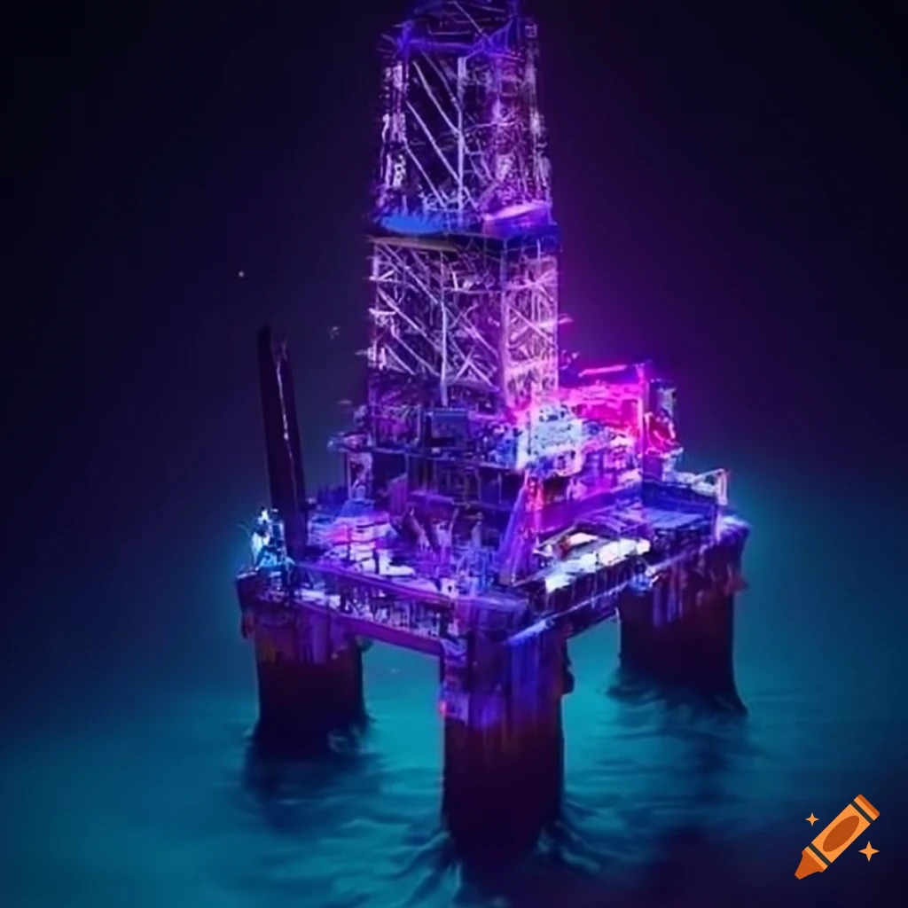 Offshore drilling rig in purple digital x-ray
