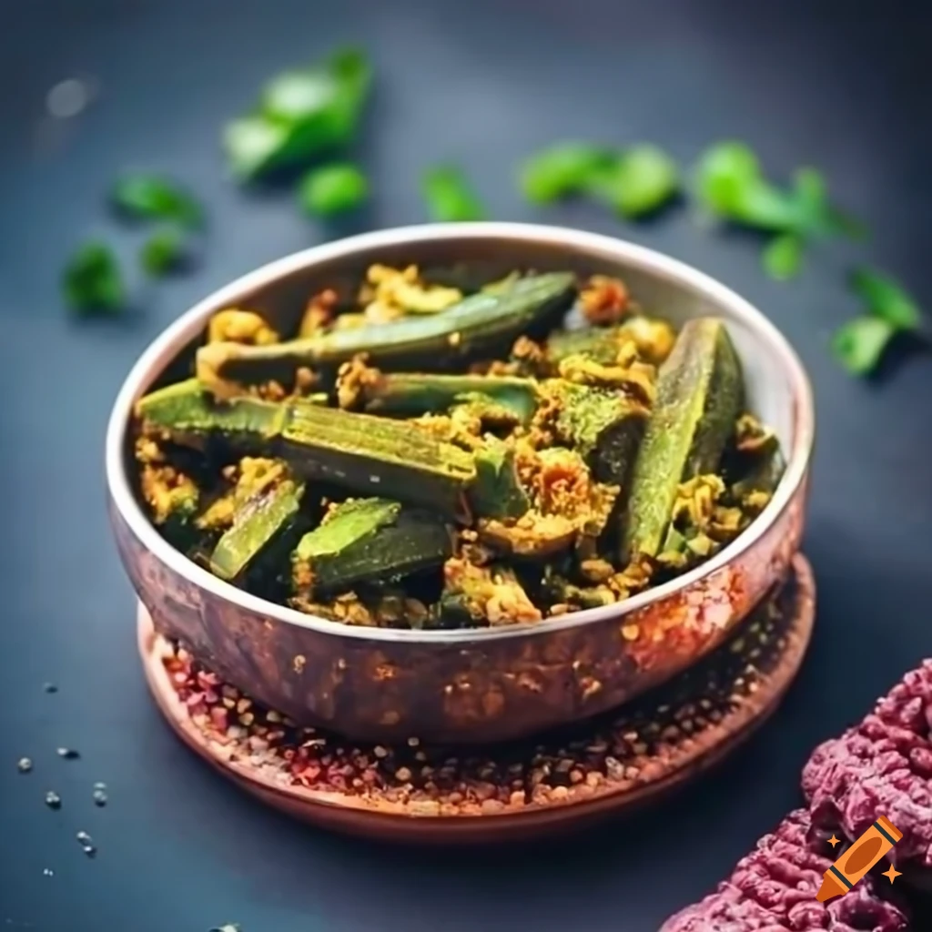 Indian style bowl with bhindi masala dry veg and green coriander topping