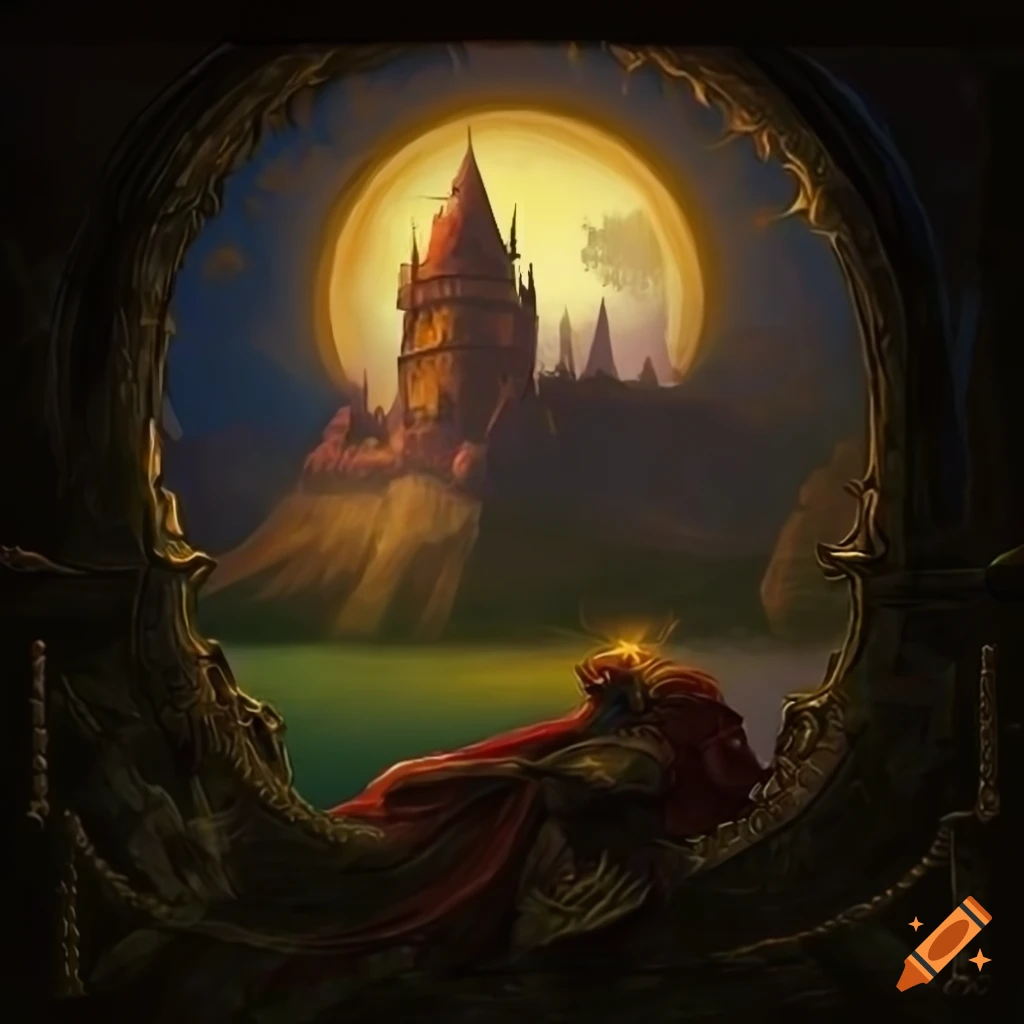 Fantasy book cover illustration of a sword with a crown, set in a vast majestic landscape