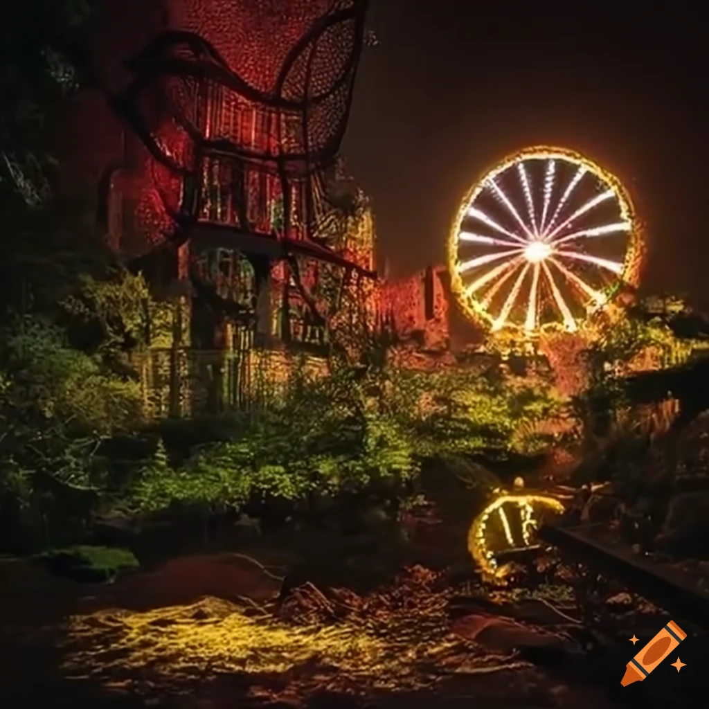 Destroyed amusement park overtaken by nature and glowing butterflies