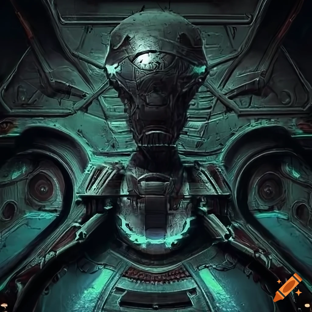 Surrealist scene inside an asymmetric organic spaceship with alien machines