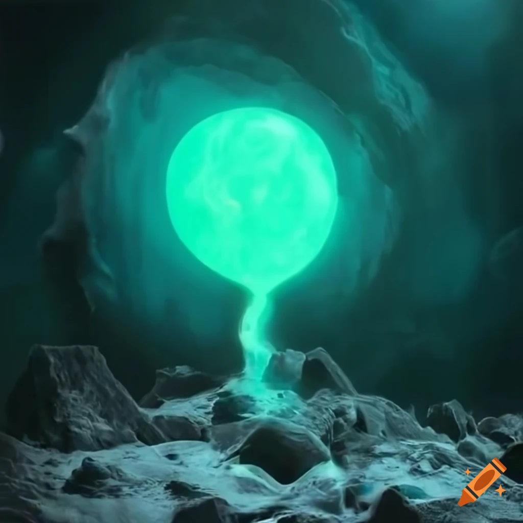 Space infant made of mushrooms with Sith Lord glowing in green plasma bubble