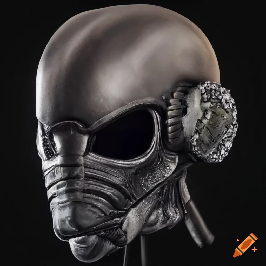 Alien combat helmet with ornaments, viewed slightly to the right
