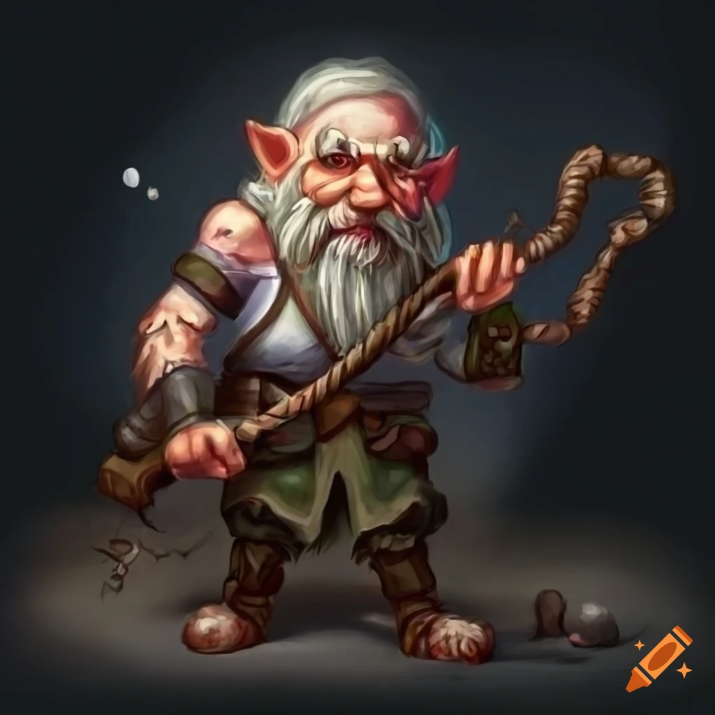 Intricate art of an old gnome artificer with a sling