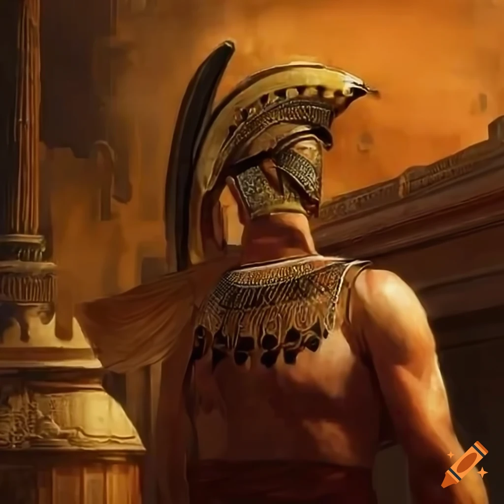 Ancient Greek soldier standing in front of a temple in a historic painting