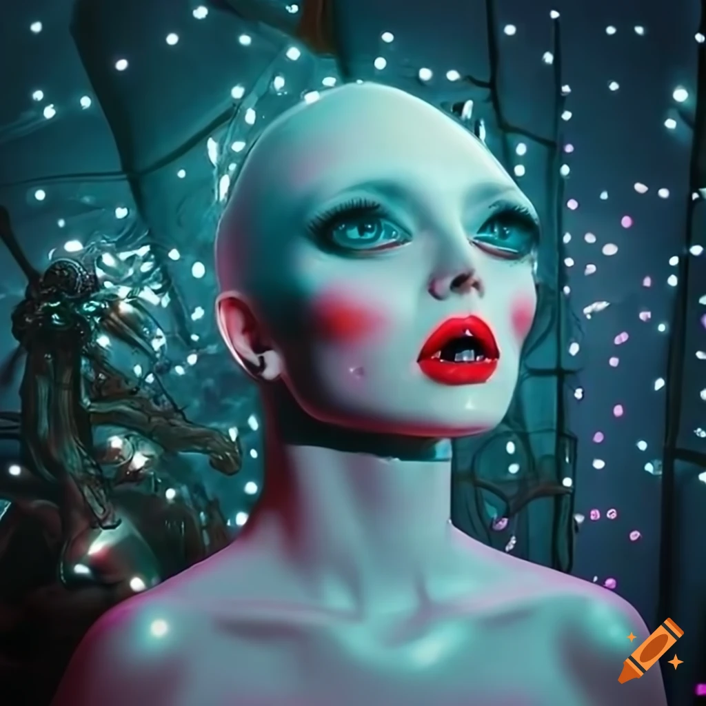 Surrealist aliens inside asymetric organic spaceship with vintage 1960's Christmas show featuring The Fabulettes