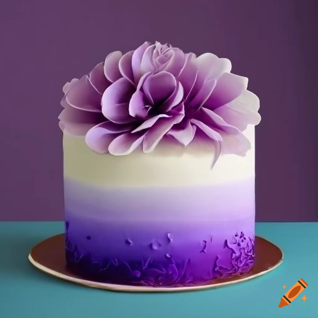 Beautiful ombré white cake with large purple flower on top