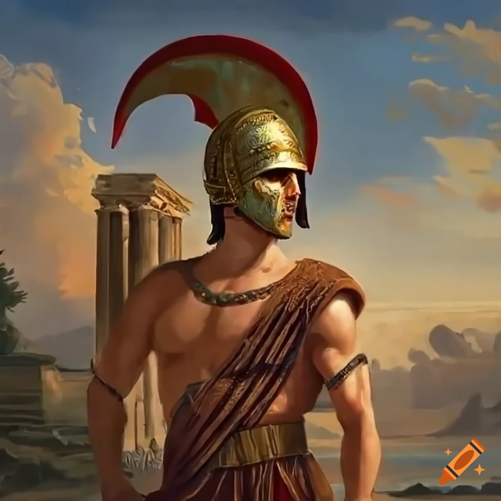 Ancient Greek soldier standing in front of a temple in a historic painting