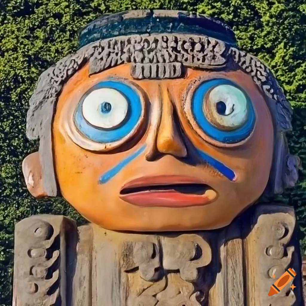 Artistic fusion of Frank Sidebottom's face on the Coatlicue statue
