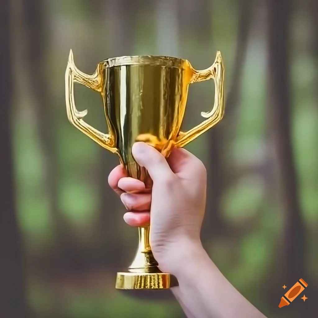 Hand holding a golden trophy with forest background