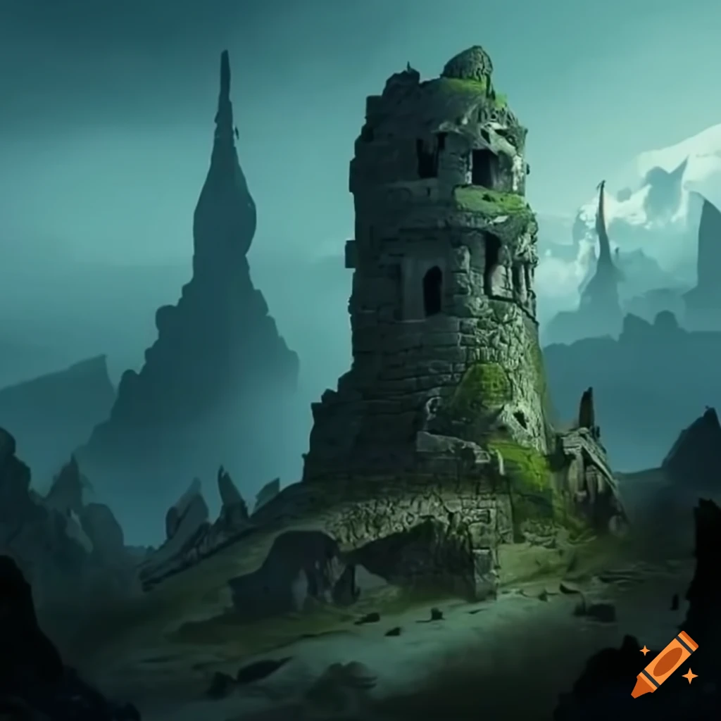 Ruined stone tower in a goblin city with large goblin statues