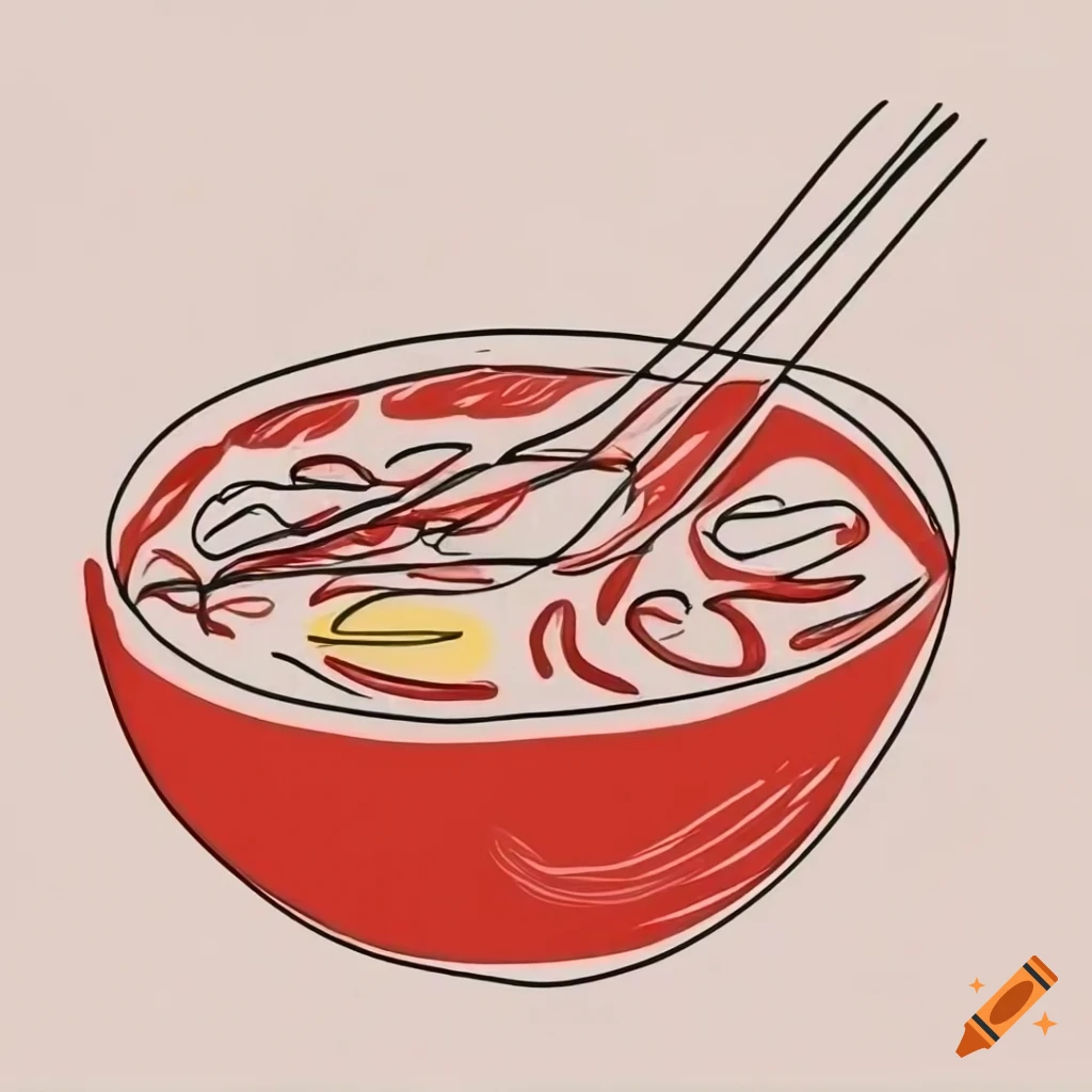 One-line draw of a red pho soup on a white background