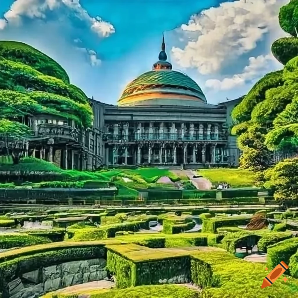 Tokyo City Hall surrounded by lush green gardens under the rain and sunshine