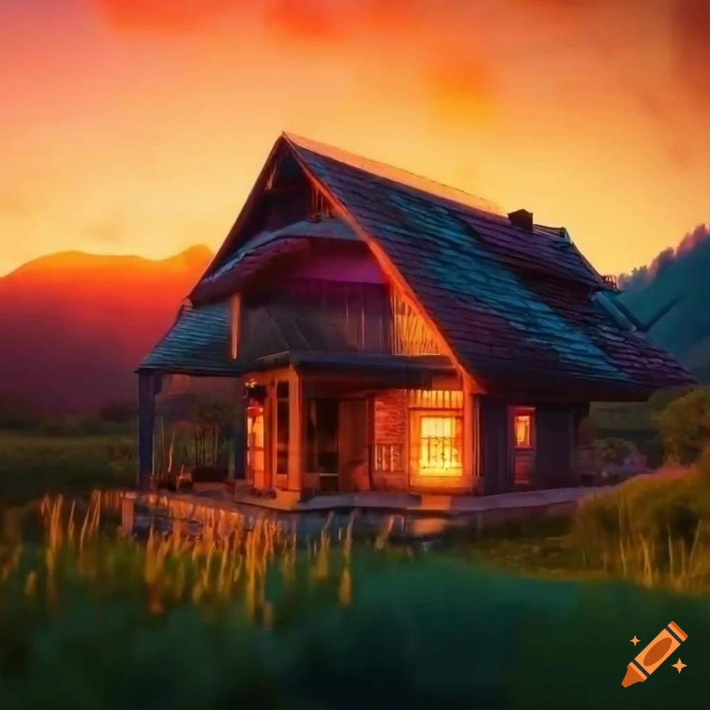 Beautiful sunrise over a traditional house with gardens and mountains