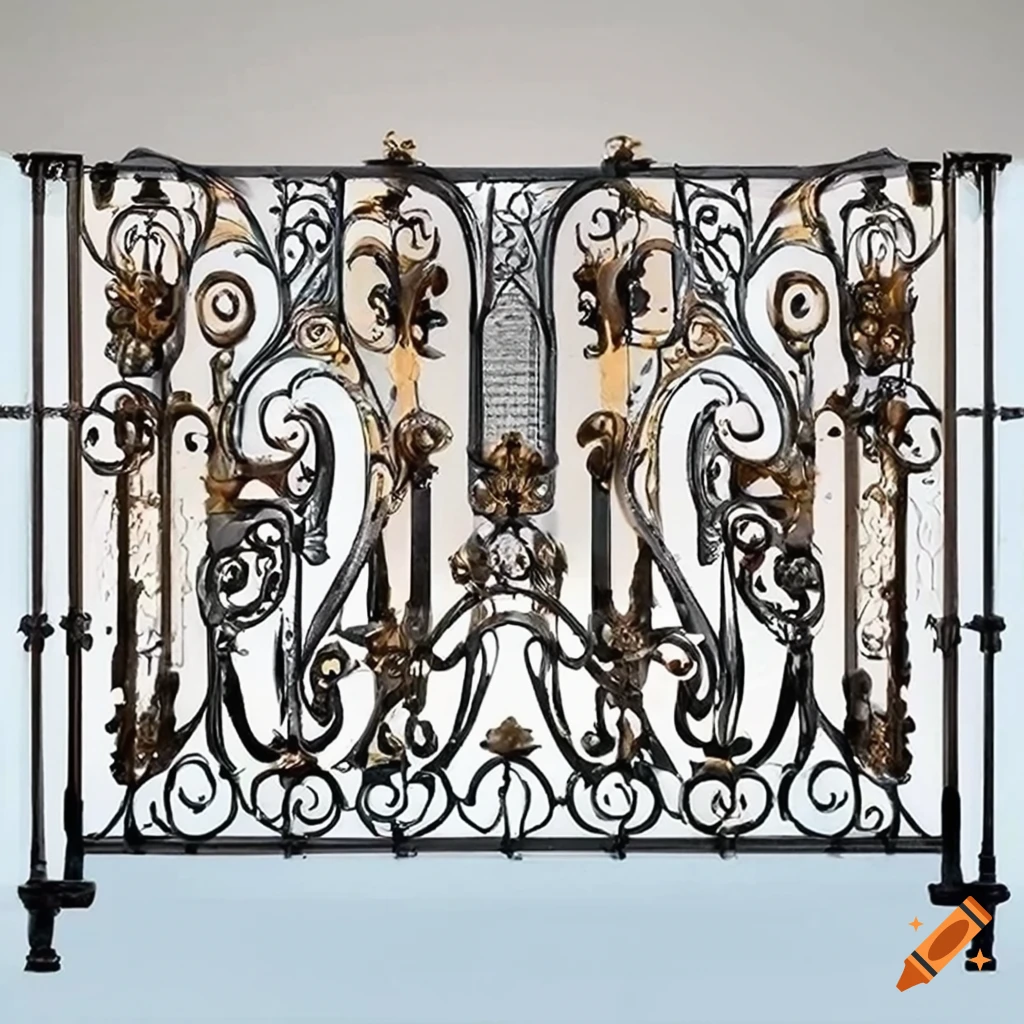 Intricate modern wrought iron terrace railing design with swirls and curves