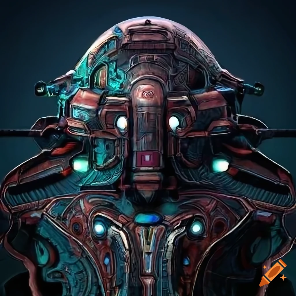 Surrealist aliens inside an organic spaceship with strange machines and light boards