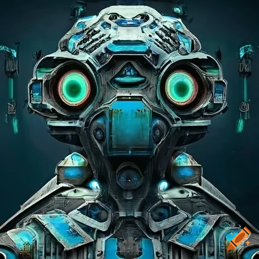 Surrealist aliens inside organic spaceship with strange machines and light boards