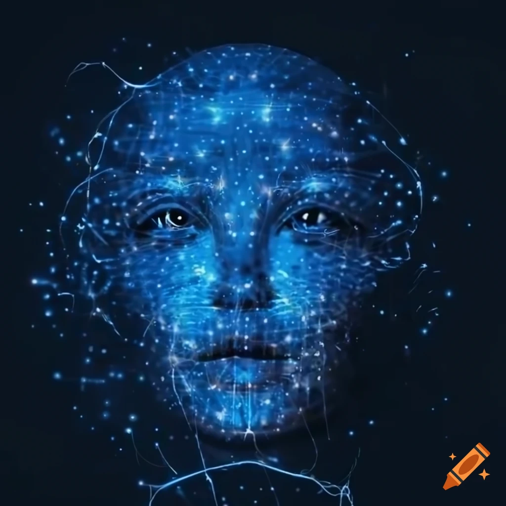 Unique avatar with neural network design of glowing blue dots on dark background