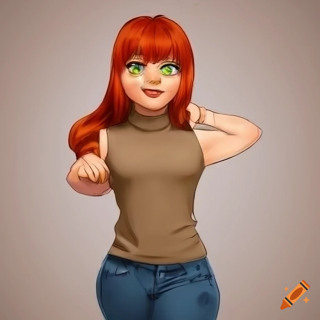 Chubby anthropomorphic duck girl with red hair and green eyes
