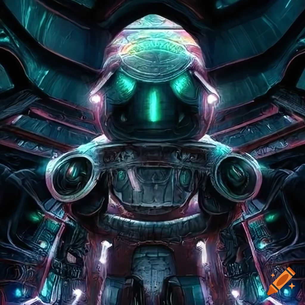 Surrealist aliens exploring an organic spaceship with strange machines and light boards