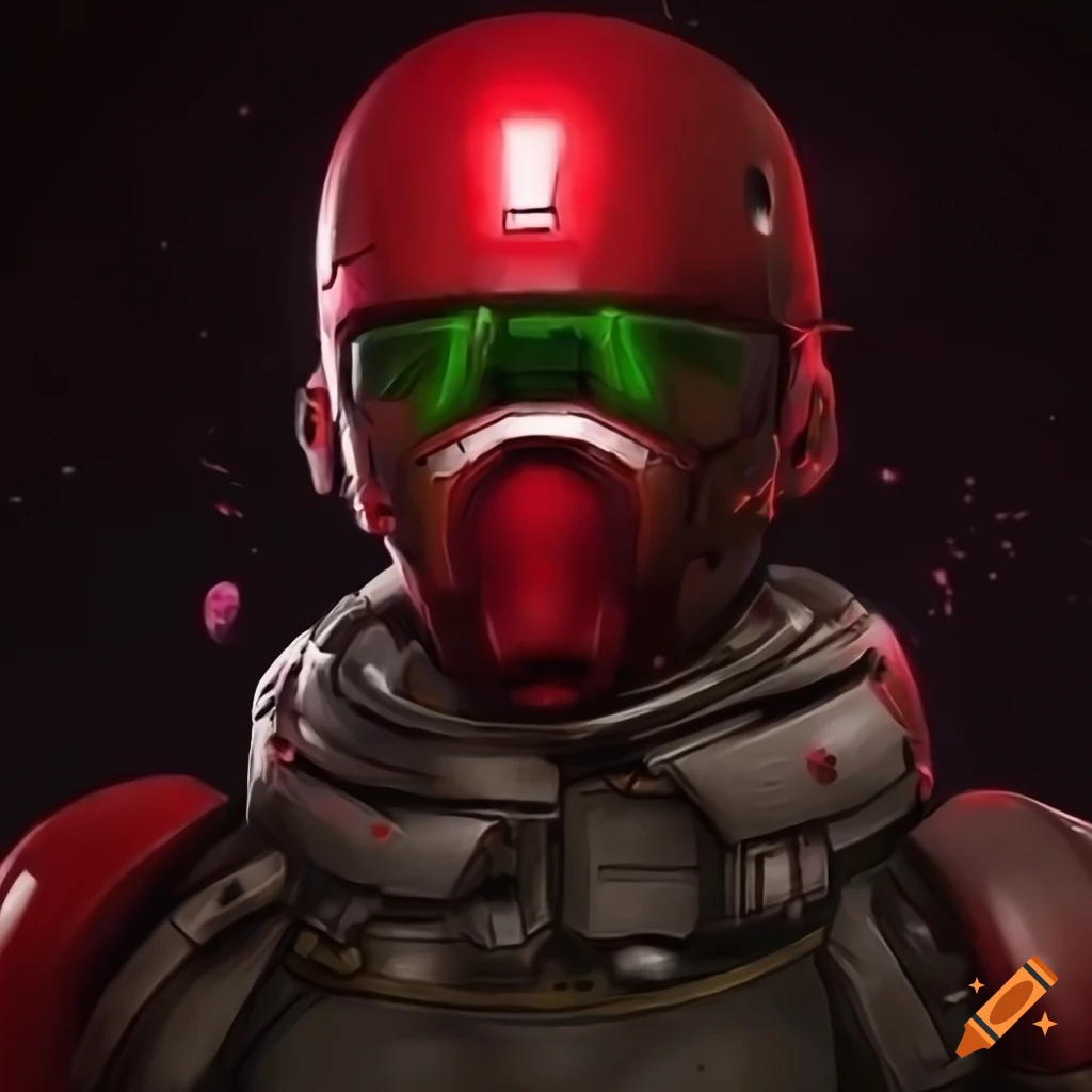 Futuristic space soldier medic in red and silver armor with green eyes