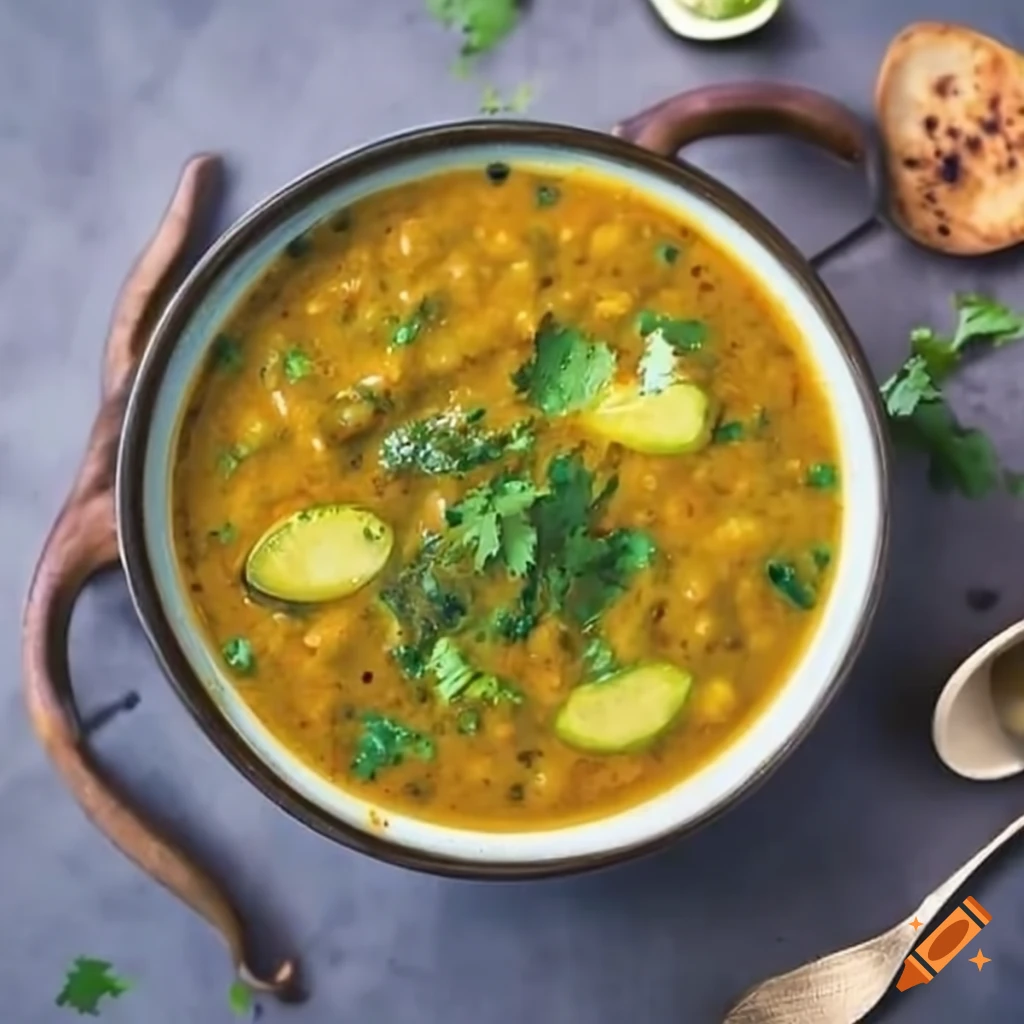 Indian Style bowl with dal tadka curry topped with green coriander