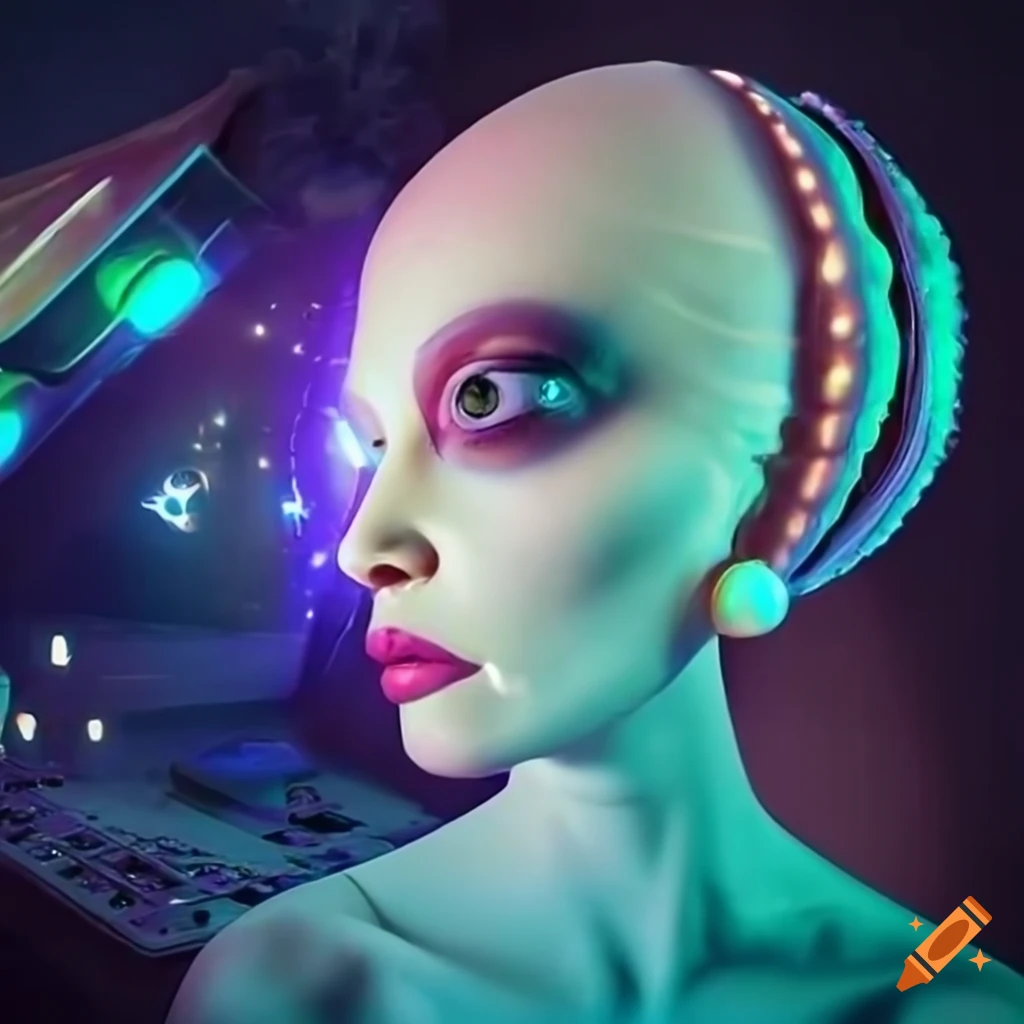 Surrealist aliens inside organic spaceship with vintage 1960s Christmas show featuring The Fabulettes
