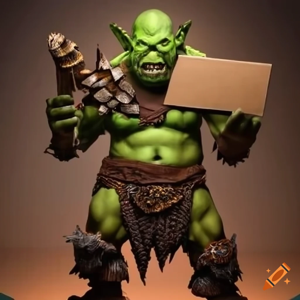 Orc in seashell armor holding a blank sign
