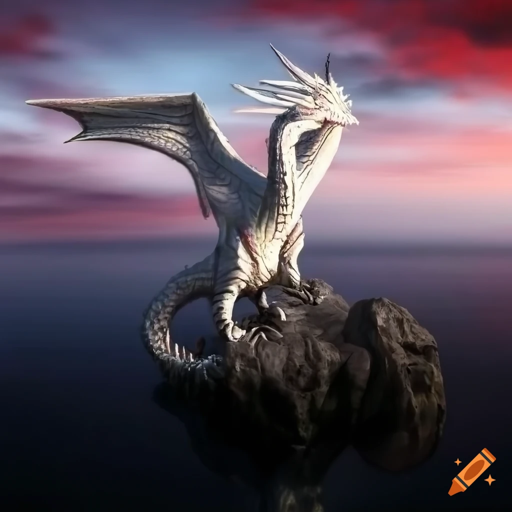 White dragon standing on a black rock with a red cloudy sky