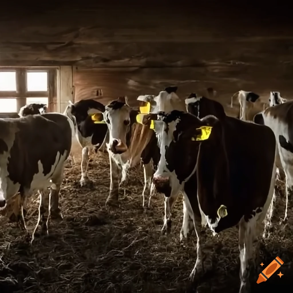 Cows in a barn standing back-to-back in a circle