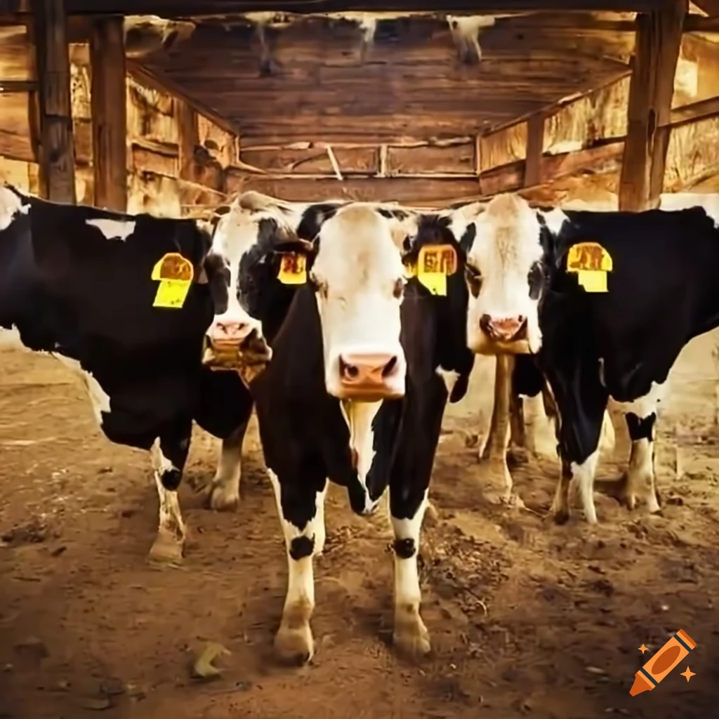 Protective cows standing together in a barn