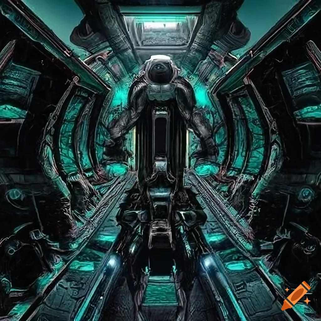 Surrealist aliens inside an organic spaceship with strange machines and light boards