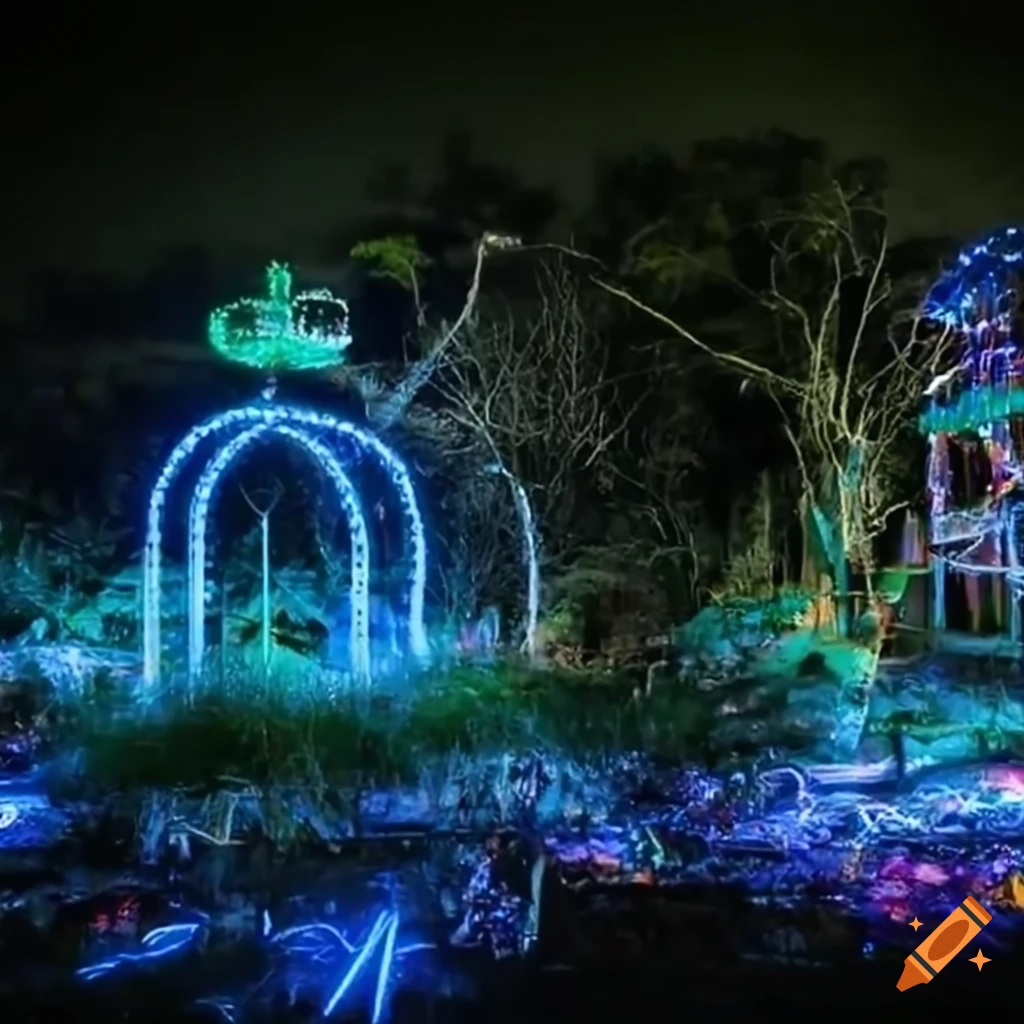 Destroyed amusement park overtaken by nature and glowing butterflies