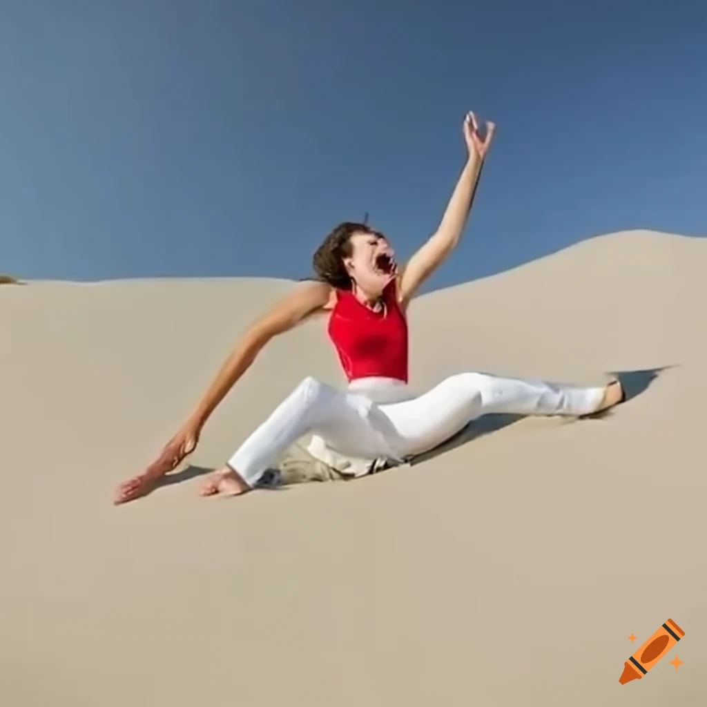 Woman in white jeans sliding down a steep sand dune