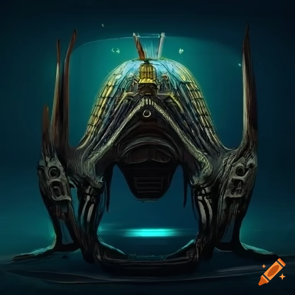 Surrealist alien visit inside asymmetrical organic spaceship with strange machines and light boards
