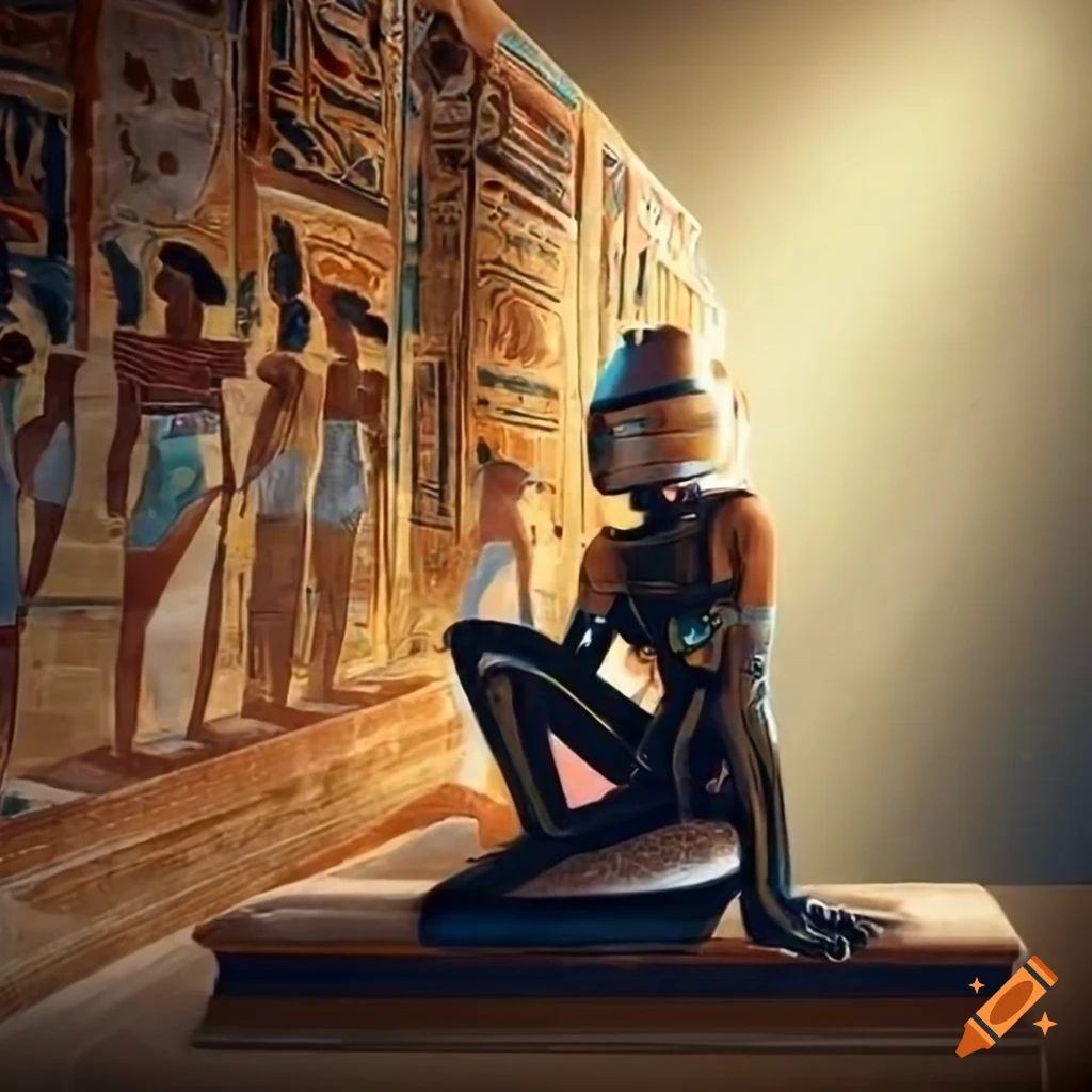 Female explorer in futuristic spacesuit observing Egyptian painting on tomb wall