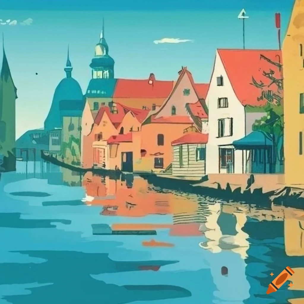 Vintage travel poster of a quaint town by the water