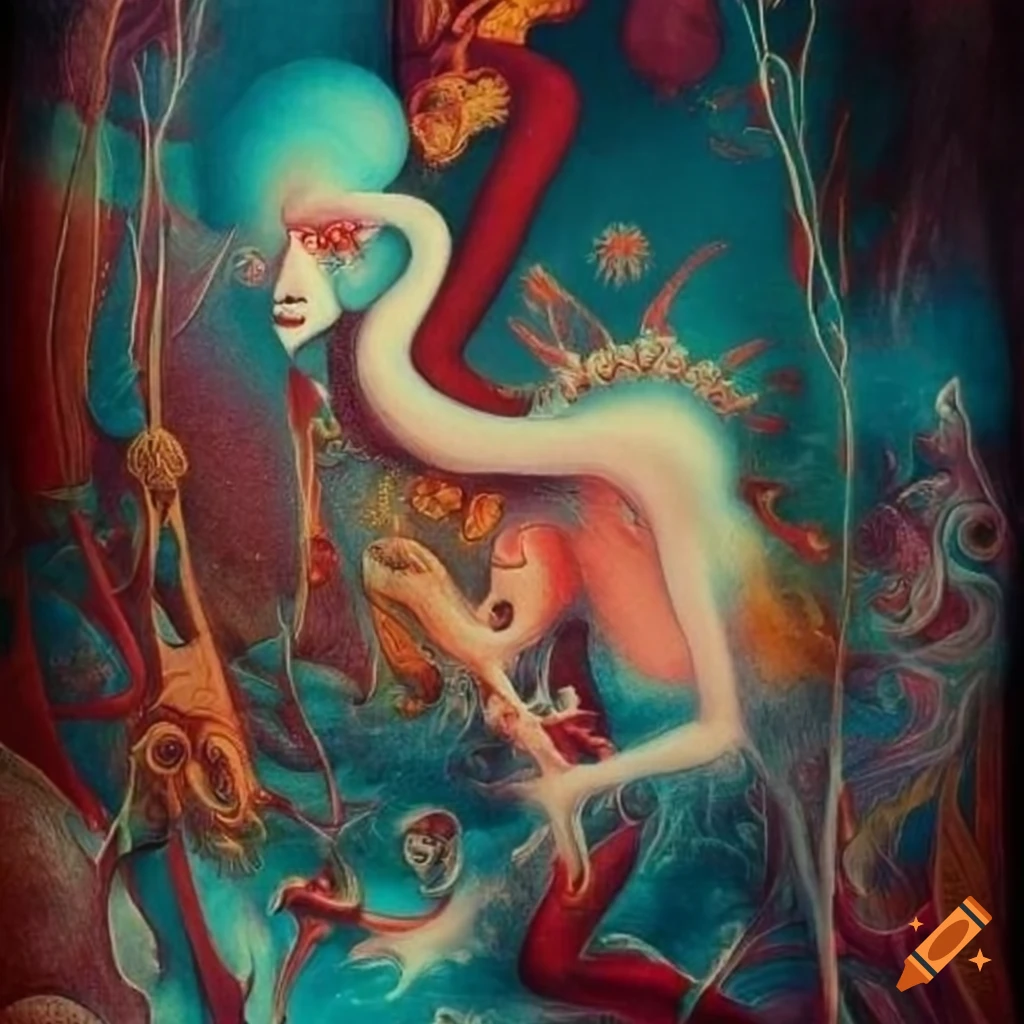 Surreal abstraction oriental woodblock-print of fuzzy entities in a dream-like setting