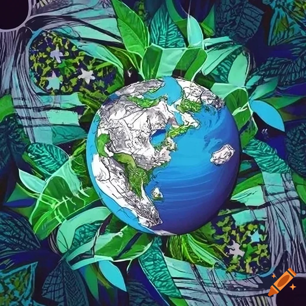Vibrant environmental design with planet Earth, recycling symbols, and futuristic elements