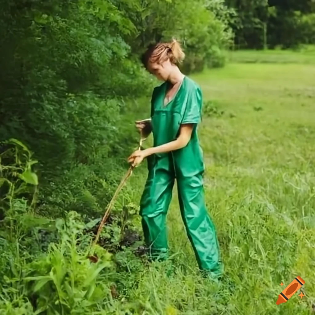 Person wearing scrubs picking weeds